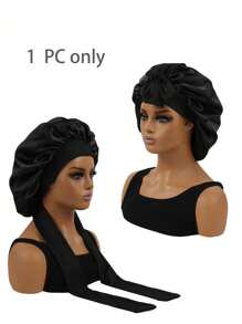 1 Pc Women's Silk Sleeping Cap With Bow, Satin Sleep Cap, Hair Curler Headband, And Black Sleeping Tie. Suitable For Sleeping, As Well As For Cleaning, Showering And Skin Care. Perfect For Makeup, Cleaning, Cooking, Studying, Working, And More. - Black - View 3