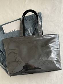 大容量时尚休闲单肩包，防水 PVC 果冻手提包，复古街头风格高端户外露营野餐旅行工作日常使用男女通用背包，带拉链，适合大学生，设计师小众品牌 - 黑色 - 查看 6