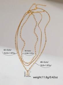 3 件/套时尚简约不对称别针和几何链分层吊坠项链，带有闪亮的方晶锆石星星和月亮元素，适合女性日常佩戴和送礼（随机链扣珠） - 金黃色 - 查看 5