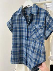 YUXIN Camisa de manga corta con hombros caídos y diseño de cuadros azules versátil y casual para uso diario para mujeres, parte superior de corte holgado, nuevo diseño de verano