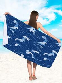1pc Wave Design Microfiber Beach Towel, Printed Rectangular Beach Shawl Beach Mat Bath Towel Summer,Holiday