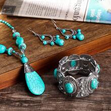 1set Retro Turquoise Beaded Sweater Chain, Necklace, Earrings And Bracelet Jewelry Set, Suitable For Women Daily Wear
