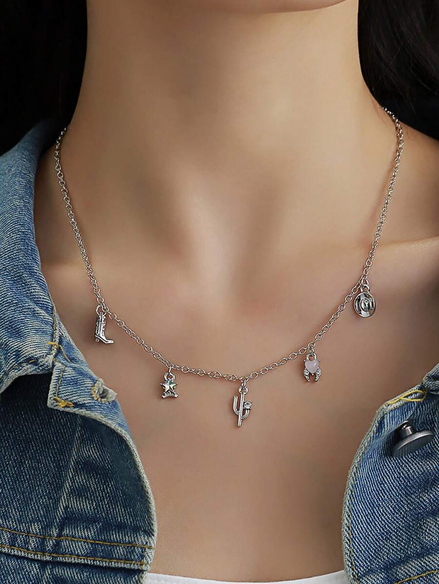 1 件欧美时尚西部牛仔帽靴仙人掌吊坠项链，日常佩戴 - 牛仔項鍊 - 查看 1