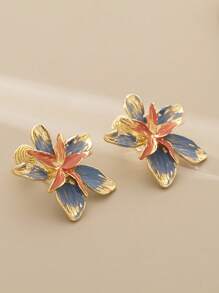 2Pairs Retro Handpainted Asymmetric Flower Clip-On Earrings For Women, Elegant Exaggerated Enamel Mosquito Coil Plate Non-Piercing Earrings - Gold - View 6