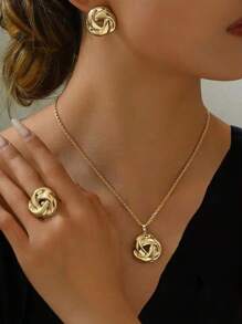 Hegaze 1 Set Fashionable & Elegant Metal Exaggerated Smooth Twist Necklace, Ring, Earrings Jewelry Set For Women