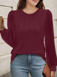 tooluck Women's Crew Neck Pleated Swiss Dot Long Sleeve Top - Màu Đỏ Sâu - Xem 1