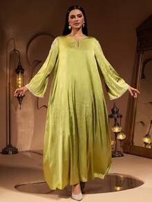 New Elegant Luxury Simple Jacquard Satin Patchwork Embroidered Lace Women Long Robe Dress - Green - View 4