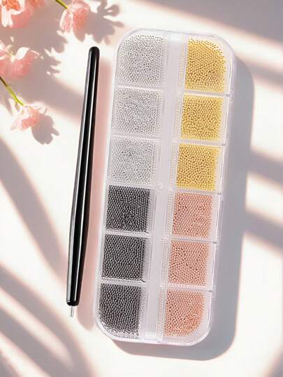 12Grids/Box Mixed Color Stainless Steel Metal Bead Nail Art Decoration 3D Mini Small 1Mm Caviar Ball Silver Charm Faux Pearl Manicure Nail Supplies Nails Nail Charms Nail Gems