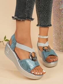 Plus Size Women's Snake Skin Pattern Strap Elastic Buckle Design Thick Platform Wedge Blue Sandals, Fashion Simple Waterproof Thick Sole Campus Style Breathable Beach Holiday Bohemian Thick Bottom Wedge Sandals