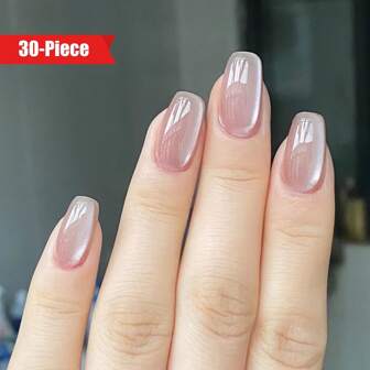 30 件优质短方形亚克力假指甲，带水晶猫眼、闪亮粉色和棕色透明指甲尖、可拆卸玻璃珠，适合法式美甲