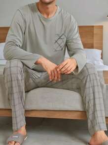 2 pièces Ensembles de pyjama pour hommes, Top à manches longues et pantalon long, motif à carreaux mode, vêtements de détente casual pour le printemps, l'automne et l'hiver, avec poche, col rond, tissu tricoté élastique, vêtements d'automne