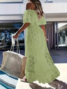Solid Color Hollow Out Embroidered Lace Trim Off-Shoulder Ruffle Hem Dress, Boho & Bohemian Style, Spring/Summer - Aqua Green - View 2