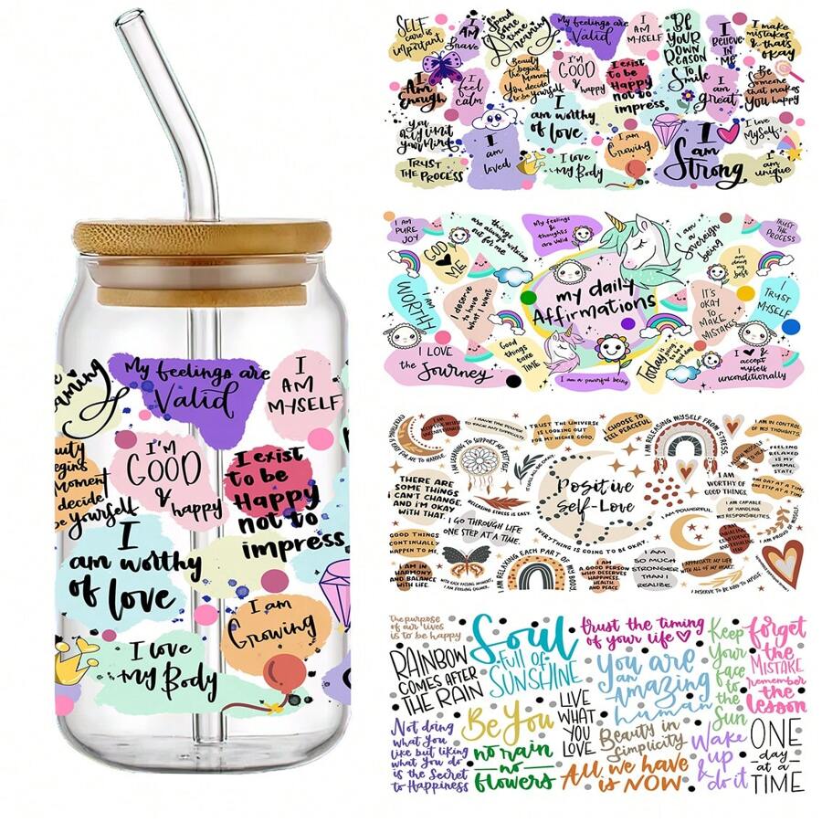 4 件/套 Boho Positive Self-Love UV DTF 杯包装贴花转印防水自粘转印纸适用于马克杯水瓶杯，DTF 转印纸适用于 16 盎司玻璃罐包装，3D 水晶标签防水防刮，DIY 包装转印纸时尚女士贴花 DIY 工艺品 - 高品质（11X24 厘米）4.3 英寸 x 9.4 英寸