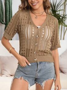 Women Solid Color Simple Casual Hollow Out Short Sleeve Cardigan