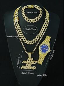 1 Set Of European & American Style "No Money No Faiend" Alloy Pendant Rhombus Cuban Link Chain Necklace & Bracelet & Men's Watch Gift Box Jewelry Set, Suitable For Daily Wear - NO MONEY NO FAIEND - View 2