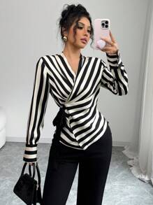 条纹印花系带长袖优雅衬衫，女士夏季长袖上衣