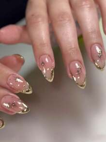 10 sztuk ręcznie robione migdałowe złote asymetryczne francuskie końcówki gwiazda kryształki dekoracyjne eleganckie minimalistyczne modne akrylowe końcówki paznokci naciśnij na paznokcie