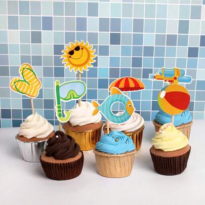 Bộ trang trí bánh cupcake chủ đề bãi biển mùa hè hoạt hình sáng tạo: phao bơi, mặt nạ lặn, chim hồng hạc, rùa, lá cây, phụ kiện trang trí bánh cupcake, tiệc Hawaii, trang trí sinh nhật.