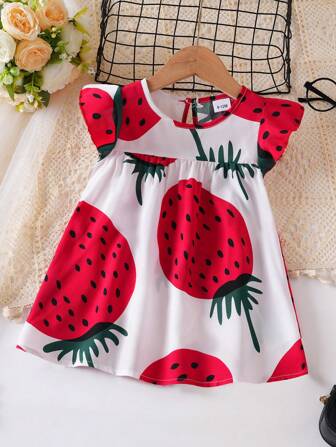 女宝宝可爱小盖袖草莓印花公主裙适合夏天穿