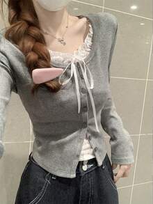 Lace Patchwork Single-Breasted Long Sleeve Mock Layered T-Shirt Top - Grey - View 6