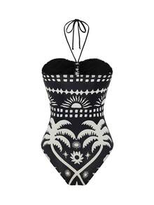 2025 Stroje plażowe dla kobiet Strój kąpielowy, wygodny poliester Nadruk Seksowny marszczony kostium kąpielowy z dekoltem typu halter na wakacje na plaży Swobodny Stylowy