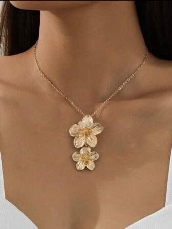 1 件复古高端时尚金属皱花吊坠项链，优雅花卉领锁骨链