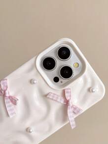 Funda de teléfono suave y a prueba de golpes compatible con iPhone 15 16 Pro Max 13 14 Pro 12 11, con lindo diseño 3D de patrón de cuadrícula rosa, lazo y perla - Blanco - Ver 2