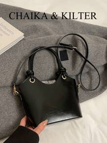 1pc CHAIKA & KILTER Glossy Solid Color PU Leather Shoulder Bag, Women's Fashion Handbag, Bucket Tote With Foil Lettering, Tie Strap Dual Handles, Zipper Closure, Detachable Adjustable Strap For Shoulder Or Crossbody Use, Suitable For Daily And Commuting