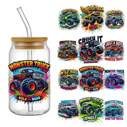 4pcs/Set Monster Truck UV DTF Cup Wraps Decals, Transfer Printing Waterproof Self-Adhesive Stickers For Mug Water Bottle Cup, DTF Transfer Sticker For 16 OZ Glass Can Wrap, DIY Crafts 4.3inx9.4in