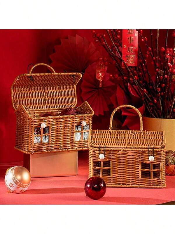 1pc Creative House Shaped Storage Basket - Vintage Woven Gift Box - Snack Storage Basket - Portable Handheld