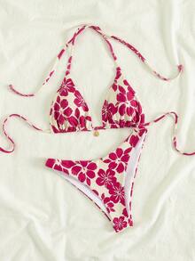 2025 New European And American Style Women Beach Vacation Fashion Swimsuits, Sexy Floral Print Halter Bikini Two Pieces Sets, Beach Party Casual Outfits