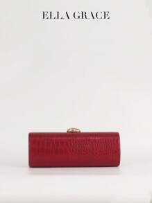 Elongated Box Bag In Burgundy With Faux Leather Embossed Pattern Exterior, Contrasting Chain Strap, Interior Lining And Metal Button Closure - Stylish And Functional For Parties, Weddings, Valentine's Day, Year-End Parties And Other Special Occasions