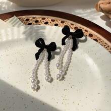 1pc New Vintage Hong Kong Style Wine Red Flocked Bow S925 Silver Needle Earring, 2-In-1 Pearl Earring For Autumn/Winter
