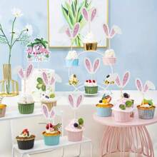 12 bucăți de bambus pentru cupcake cu urechi de iepuraș de Paște, sclipici pentru urechi de iepure, decorațiuni de tort pentru ziua de naștere de primăvară și consumabile pentru petreceri de Paște