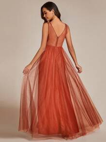 EVERPRETTY Elegant Deep V-Neck Split Back Bridesmaid Dress For Wedding - Burnt Orange - View 3