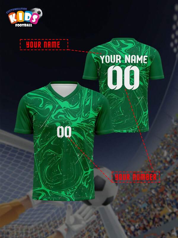 Jersey de fútbol para niños con cuello en V, transpirable y de secado rápido, personalizado con nombre y número para niños y niñas, cómodo, ligero, para deportes y actividades al aire libre, apto para primavera/verano