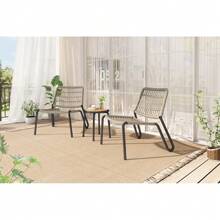 Bistroset 3-tlg. Balkonmöbel-Set aus verzinktem Stahl, handgeflochtenes Seil, Tischplatte aus Massivholz, Stühle mit einer Tragkraft von 160 kg, geeignet für Terrasse, Garten und Balkon, Beige