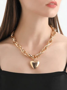 1 accesoriu în stil minimalist, lanț gros în formă de O, pandantiv cu inimă mare, colier unic cu tematică de dragoste