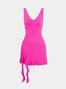 European & American Style Women's Sexy V-Neck Asymmetrical Backless Mini Dress, Versatile Cocktail Party Dress, Summer - Hot Pink - View 2