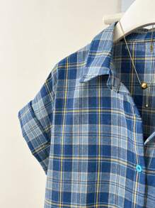 YUXIN Camisa de manga corta con hombros caídos y diseño de cuadros azules versátil y casual para uso diario para mujeres, parte superior de corte holgado, nuevo diseño de verano