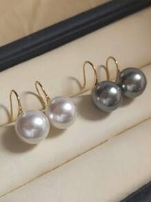 1 pereche de cercei eleganti cu perle artificiale, argint S925, cercei de lux vintage și minimalisti, cu decor de perle artificiale circulare gri de înaltă calitate, cercei metalic cu cârlig pentru ureche