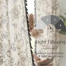 1pc Watercolor Style Floral Pattern Curtain With Black Tassel Fringe Sheer - Multicolor - View 3