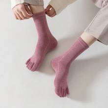 1 Pair Women's Solid Color Moisture-Wicking, Odor-Resistant Mid-Calf Five-Toe Socks, Suitable For Daily Use, Fall - Multicolor - View 12