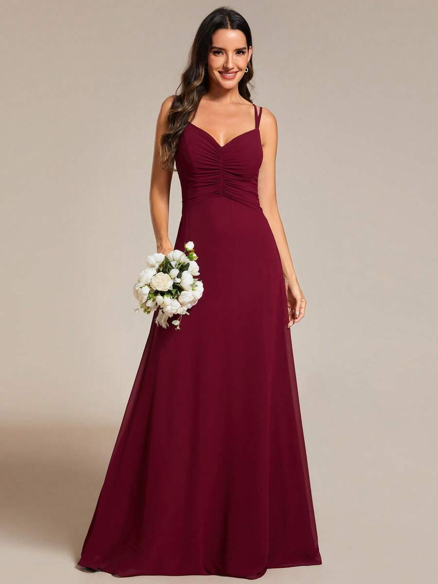 EVER-PRETTY Elegante vestido de dama de honor con fruncido en el busto, escote en V, color borgoña, para invitados de boda