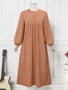 Modest Long Sleeve Round Neck Arabic Style Dress, Button Front, Bishop Sleeves, Slightly Stretchy Fabric