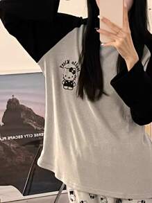 Sanrio Women's Cute Cartoon Pattern Fleece Warm Hello Kitty Pajama Set, Including Long Sleeve Crew Neck Top And Pants, Comfortable Loose Fit, Suitable For Spring, Autumn And Winter, Fall Clothes