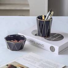 Ceramic Pen Holder And Paper Clip Holder Set For Desk Cute, Pencil Cup Pot Binder Clip Holder, Desk Organizer Set Of 2 For Office,Gift For Men Women (Black Set)