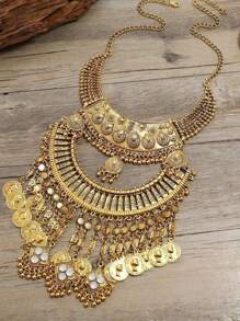 Retro Coins Multilayer Tassel Necklace For Women, Casual Party Jewelry, Choker Necklace, Sweater Necklace