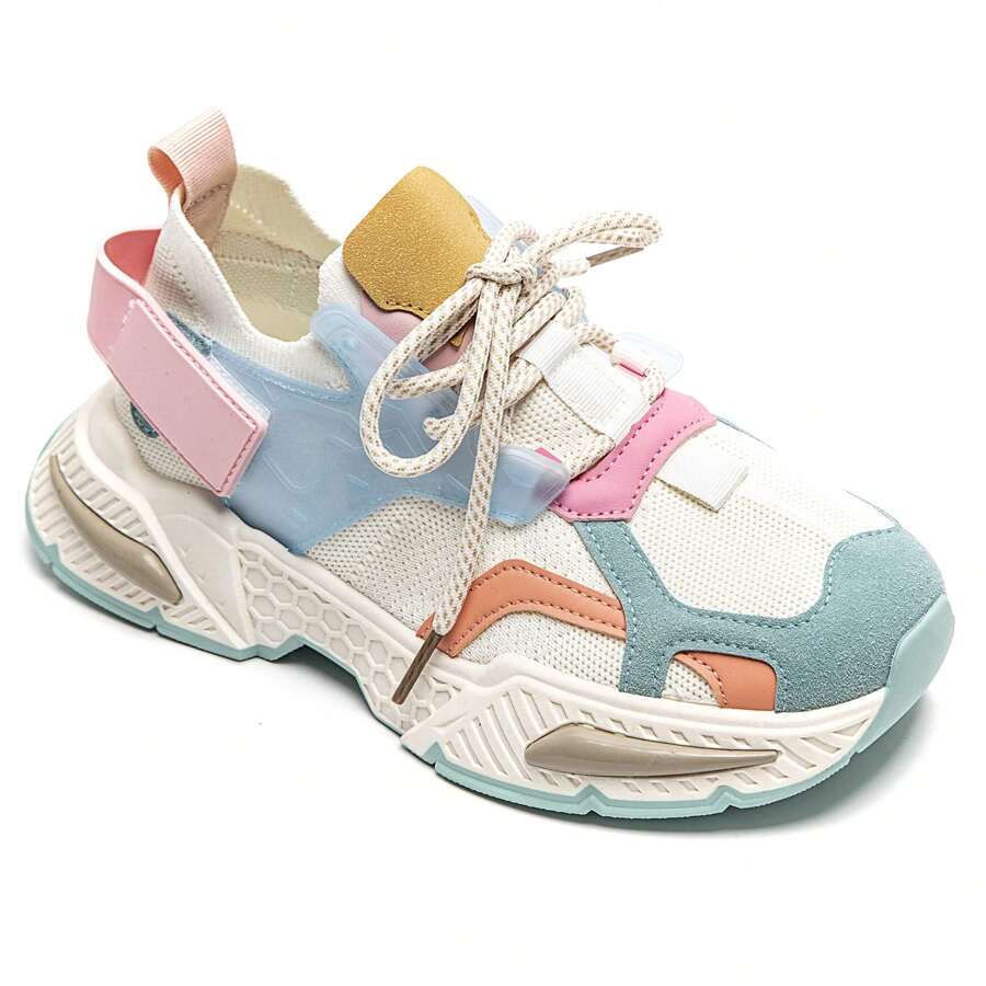 Fashionable Casual Contrast Color Block Thick Sole Sneakers - Blue - View 1