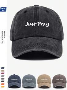 1 件高品质都市风格复古水洗“Just Pray”印花时尚棒球帽男女通用，可调节贴合度，防晒，编织涤纶材料，是送给家人和朋友节日的理想礼物，适合休闲和度假 - A - 查看 1